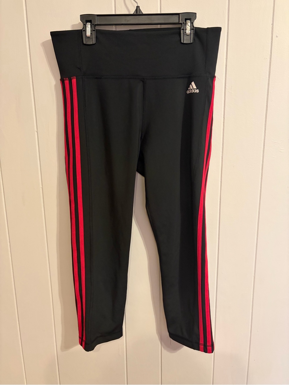 adidas Black Capri Leggings with Bright Pink Side Stripes
